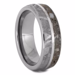Angled view of titanium cremation ring with meteorite inlay and cremation ash