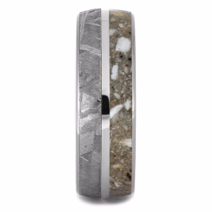 Side profile of titanium cremation ring with meteorite inlay and cremation ash