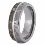 Angled side view of titanium cremation ring with meteorite inlay and cremation ash