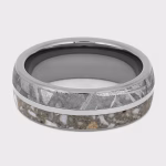 Titanium cremation ring with meteorite inlay and cremation ash set in polished titanium