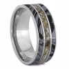 Cremation ring with ashes featuring mokume gane inlays and layered titanium memorial band