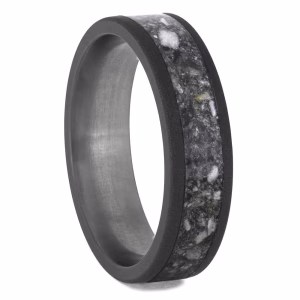 Sandblasted titanium cremation ring with memorial ash inlay side view