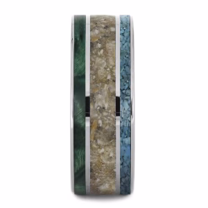 Triple inlay cremation ring with turquoise, green wood, and cremation ash set in sterling silver