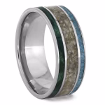 Angled view of triple inlay cremation ring with turquoise, green wood, and cremation ash set in sterling silver