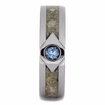 Blue topaz cremation ring with ash inlay, front view showing faceted blue gemstone set in polished silver-tone memorial band