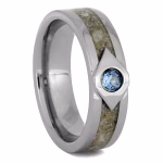 Blue topaz cremation ring with ash inlay, angled view showing polished silver-tone band and bezel-set blue gemstone memorial detail
