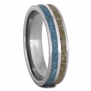 Angled view of memorial ring with turquoise inlay and cremation ash set in sterling silver