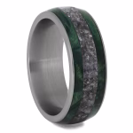 Cremation ring with green box elder burl wood and ash inlay, angled view memorial band