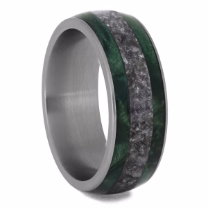 Cremation ring with green box elder burl wood and ash inlay, angled view memorial band