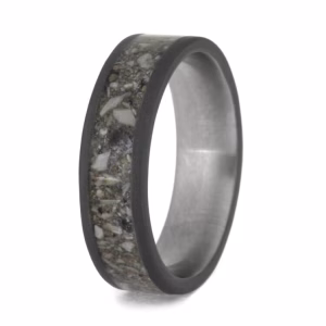 Sandblasted titanium cremation ring with memorial ash inlay angled view