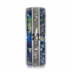 Cremation ring with ashes and flower petal inlays set in polished titanium memorial band, straight-on view