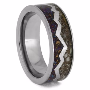 Mountain cremation ring with ashes featuring jagged silver ridge and lava turquoise mosaic inlay memorial band