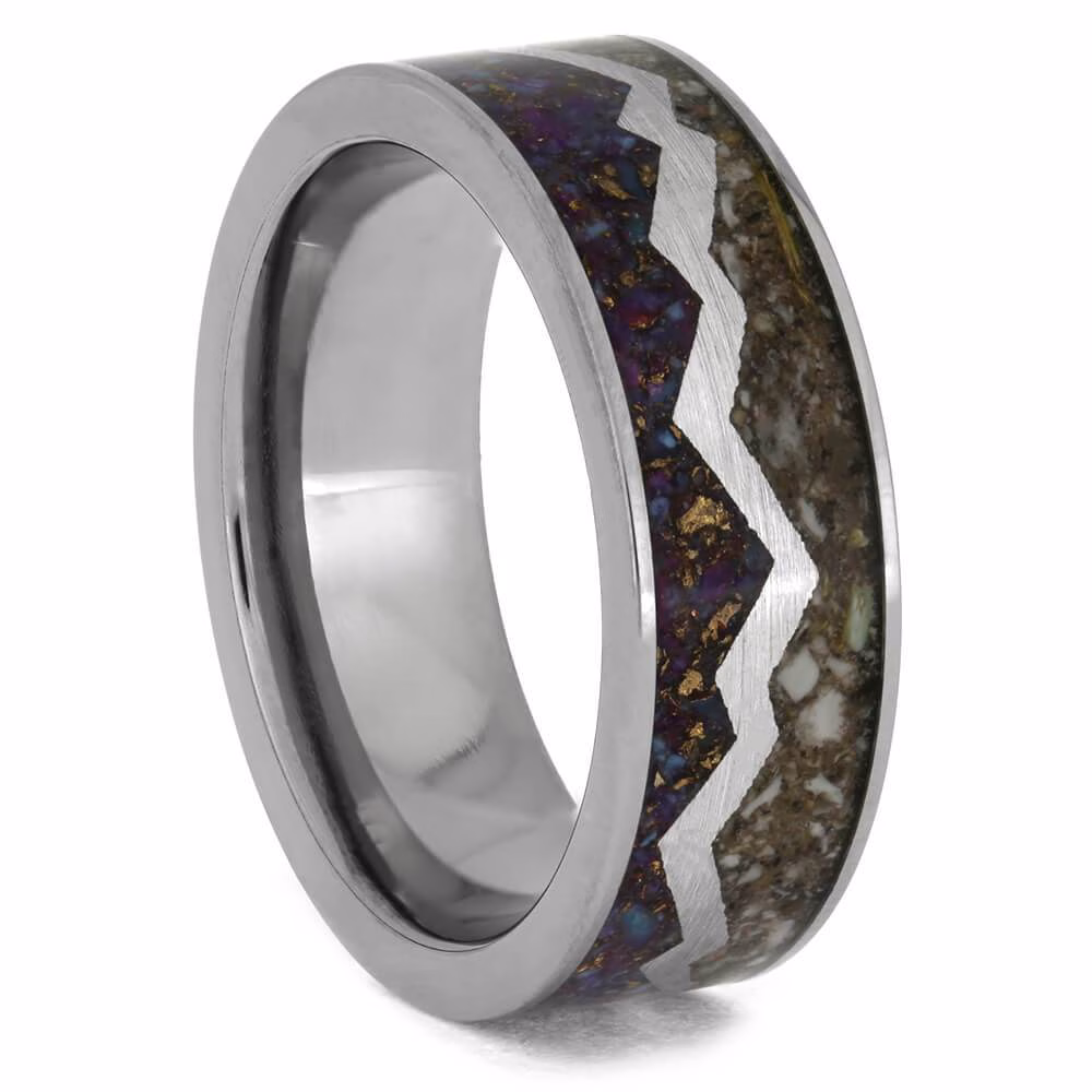 Mountain cremation ring with ashes featuring jagged silver ridge and lava turquoise mosaic inlay memorial band