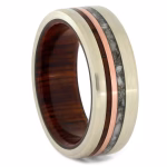 Angled view of solid gold cremation ring with cocobolo wood sleeve and cremation ash inlay