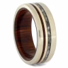Angled view of solid gold cremation ring with cocobolo wood sleeve and cremation ash inlay