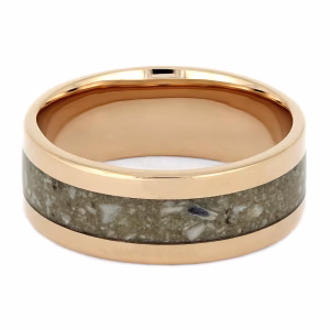 Rose gold cremation ring with ash inlay, memorial band showing smooth rounded profile and polished finish