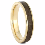 Gold memorial ring with hair or fur inlay, angled view showing polished gold band and preserved keepsake material set flush within the ring
