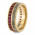 Yellow gold cremation ring with ashes and ruby eternity band memorial ring side view