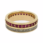 Cremation ring with ashes featuring yellow gold band and ruby eternity setting memorial ring