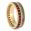 Yellow gold cremation ring with ashes and ruby eternity band angled view memorial jewelry