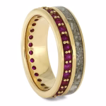 Yellow gold cremation ring with ashes and ruby eternity band angled view memorial jewelry