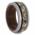 Cremation ring with oak and ebony wood shown at an angled view highlighting the memorial ash inlay and brushed metal edges