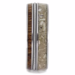 Side profile of cremation ring with ashes featuring guitar string detail, mahogany wood inlay, and titanium memorial band