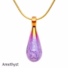Teardrop cremation pendant in Amethyst glass with cremation ash encased inside, shown on a gold-tone chain.