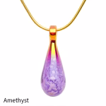 Teardrop cremation pendant in Amethyst glass with cremation ash encased inside, shown on a gold-tone chain.
