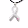 Front view of breast cancer ribbon cremation pendant with pink gemstone accent