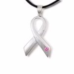 Front view of breast cancer ribbon cremation pendant with pink gemstone accent