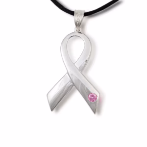 Front view of breast cancer ribbon cremation pendant with pink gemstone accent