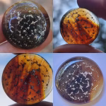 Brown Swirl Cremation Stone Set glass stone with cremation ash shown in multiple lighting conditions