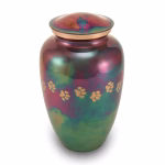 Classic raku paw print cremation urn with iridescent multicolor finish