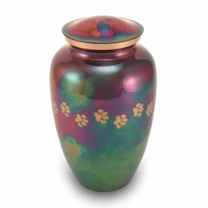 Classic raku paw print cremation urn with iridescent multicolor finish