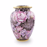 Cloisonné pink blush cremation urn with floral design in soft pink and lavender tones