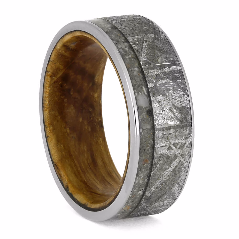 Meteorite cremation ring with ashes and whisky barrel oak interior memorial band