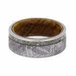Meteorite cremation ring with ashes and whisky barrel oak wood interior memorial ring