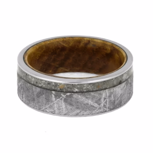 Meteorite cremation ring with ashes and whisky barrel oak wood interior memorial ring