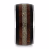 Memorial ring with cremation ashes featuring wood inlay and dark accent bands, straight-on profile view