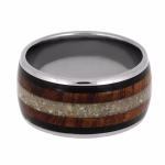 Memorial ring with cremation ashes featuring natural wood inlay and dark accent bands, interior top view