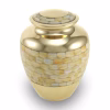 Elite mother of pearl large cremation urn with gold finish and mosaic shell design