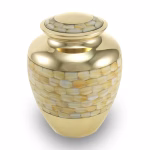 Elite mother of pearl large cremation urn with gold finish and mosaic shell design