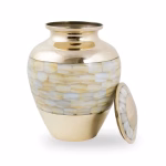 Elite mother of pearl large cremation urn with lid removed showing threaded opening