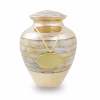 Elite mother of pearl large cremation urn shown with gold engravable urn pendant