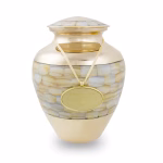 Elite mother of pearl large cremation urn shown with gold engravable urn pendant