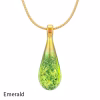 Teardrop cremation pendant in Emerald glass with cremation ash encased inside, shown on a gold-tone chain.