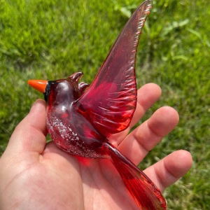 Handheld red glass cardinal memorial sculpture with cremation ash fused into the glass, wings outstretched, shown outdoors over green grass.