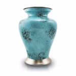 Glenwood Blue cremation urn featuring a turquoise blue marble-style finish with natural veining and a brushed metal base