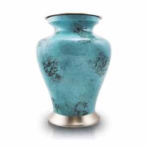 Glenwood Blue cremation urn featuring a turquoise blue marble-style finish with natural veining and a brushed metal base